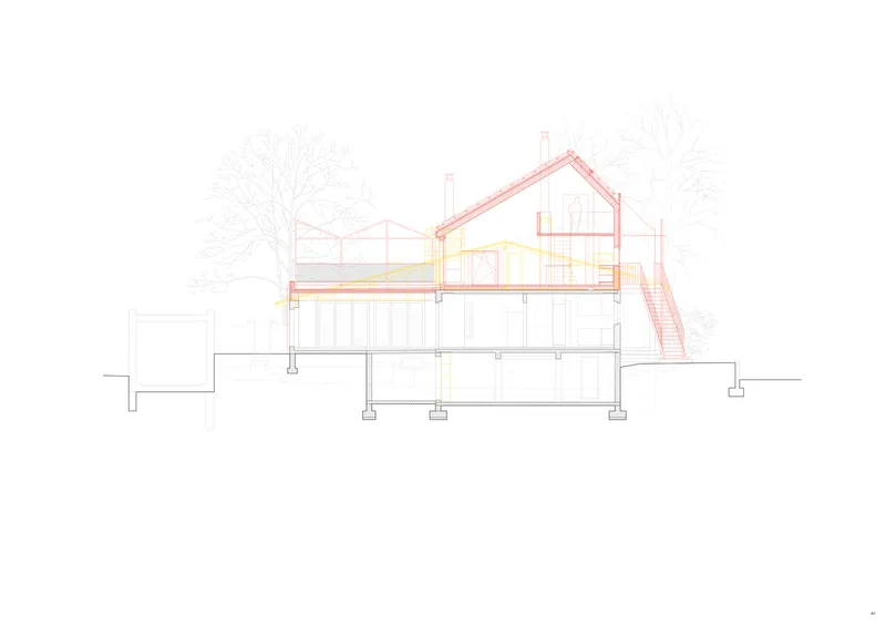 Section drawing revealing a gabled upper level above a basement with piloti structure