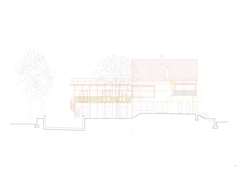 Elevation drawing showing the two-story volume with terrace and sloped site condition