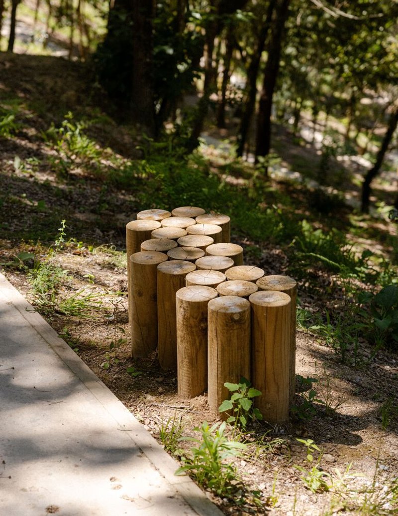 Close-up of stepped timber log bollards arranged in descending heights beside the pathway