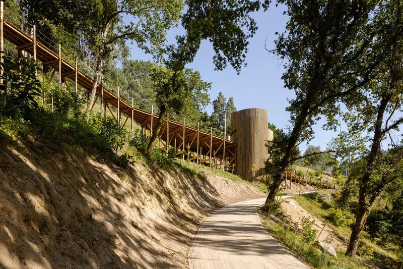Paved pathway leading uphill past timber retaining walls and the vertical-slatted tower among trees