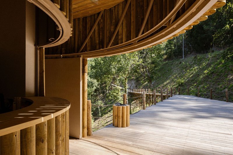 Covered deck with exposed timber framing looking along the pathway toward the hillside in late afternoon