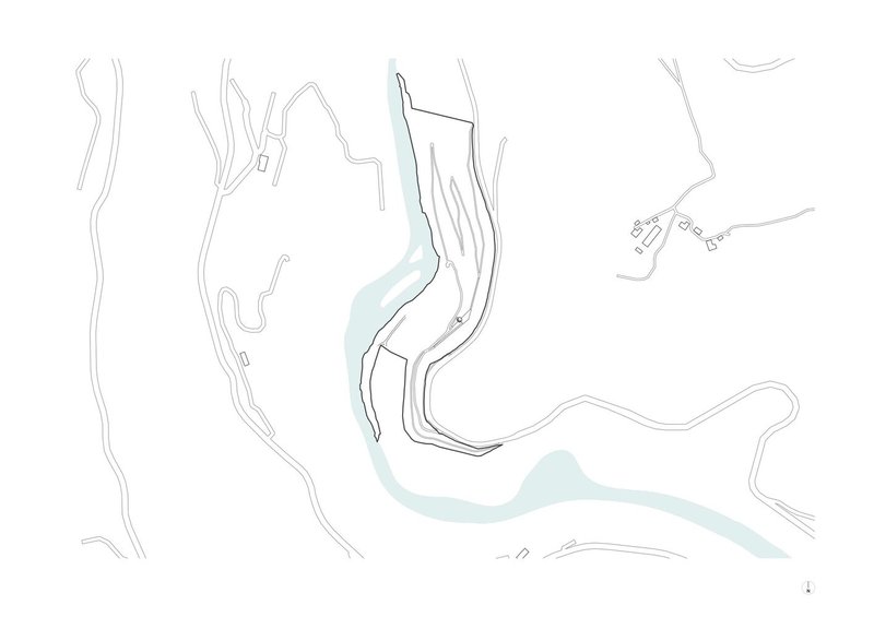 Site plan drawing showing winding paths and water bodies through topographic contours