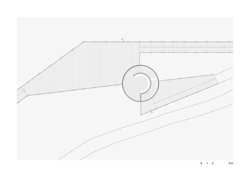 Floor plan drawing depicting a circular volume with radial interior divisions and surrounding terraces