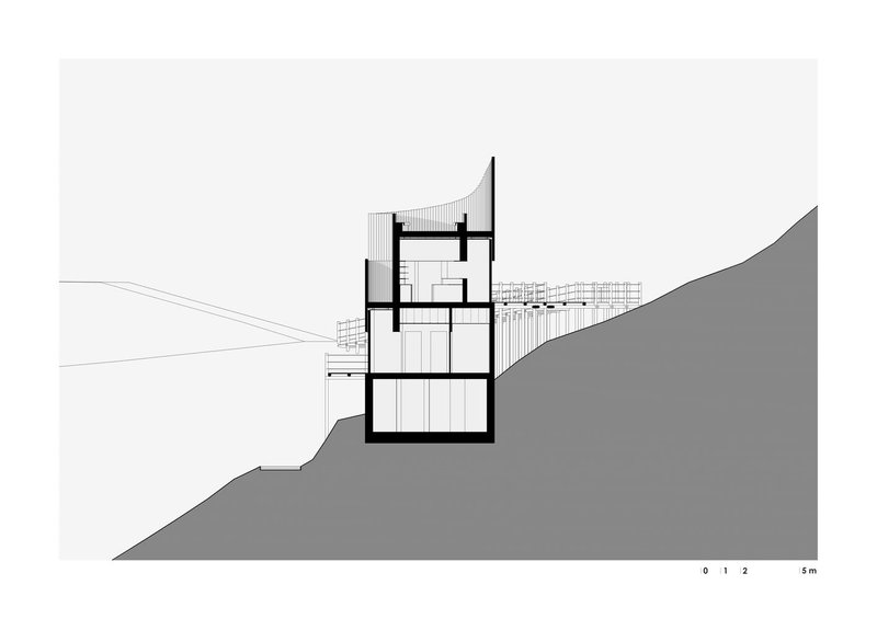 Section drawing revealing four stacked levels carved into a sloping terrain