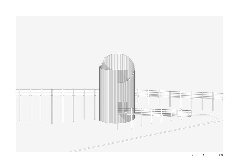 Axonometric drawing of a cylindrical tower with curved top and cantilevered linear bridge