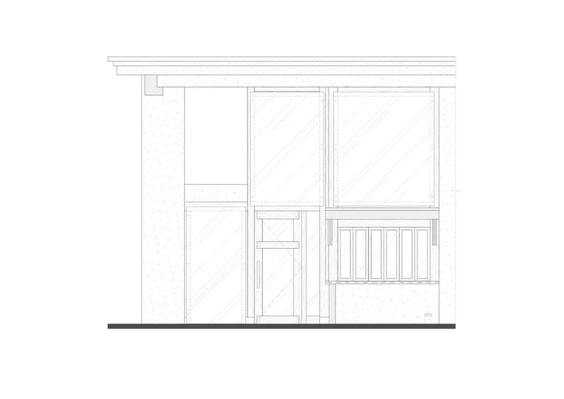 Elevation drawing showing a facade composition with glazed panels, doors, and vertical slatted screening