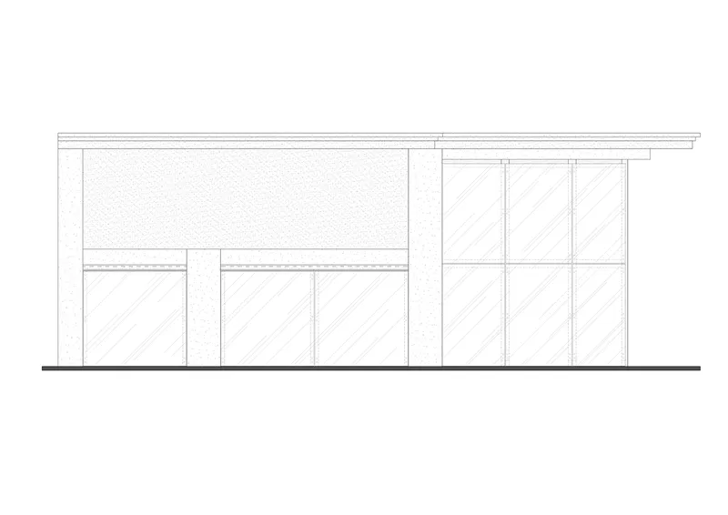 Elevation drawing showing glazed storefront with upper solid panel and horizontal banding