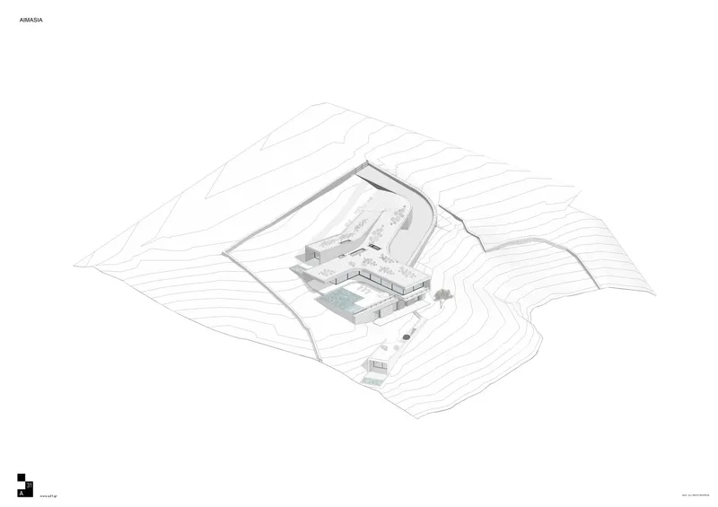 Axonometric drawing showing a walled compound with pool and buildings set into sloping terrain with contour lines