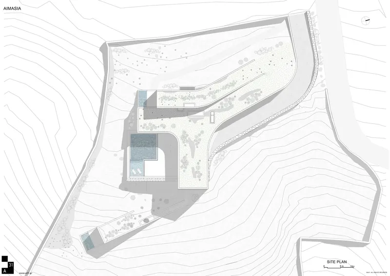 Site plan drawing depicting two structures and a pool within an irregularly shaped boundary on hillside topography
