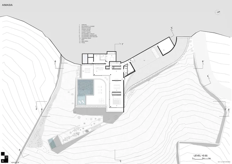 Floor plan drawing showing main building with pool and outdoor terrace areas set between hillside and roadway