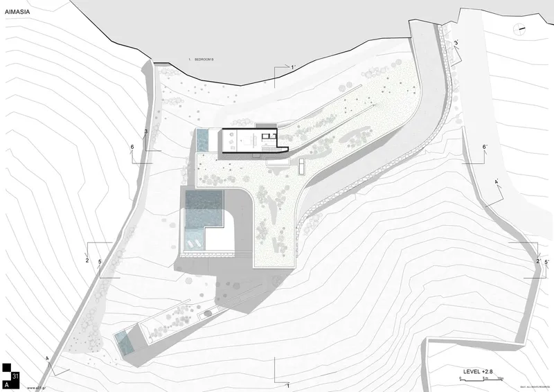 Level plan drawing showing bedroom wing positioned above pool terrace with landscaped areas following site contours