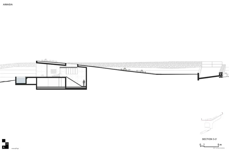 Section drawing showing a cantilevered roof extending over a hillside path with textured ground pattern