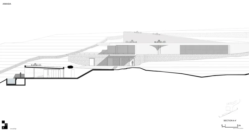 Section drawing illustrating volumes nestled into terraced landscape with retaining walls and planted slopes