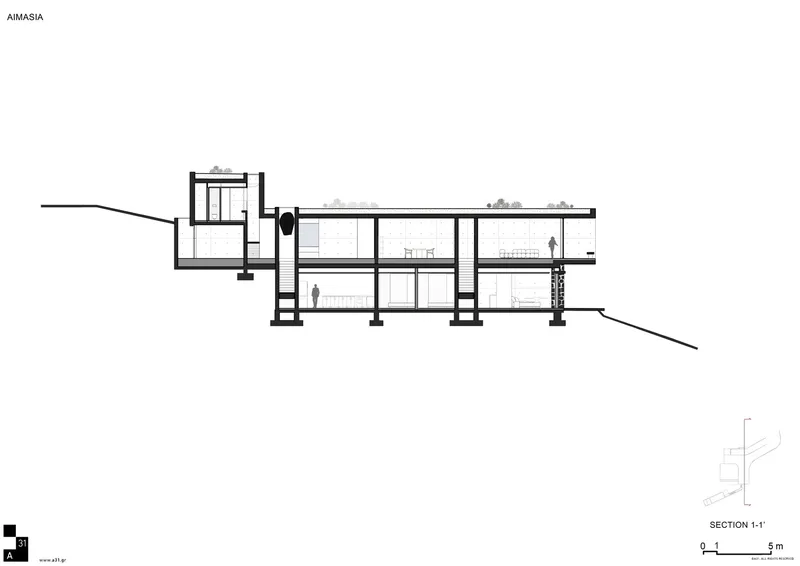 Section drawing revealing staggered interior levels connected by stairs with figures indicating scale