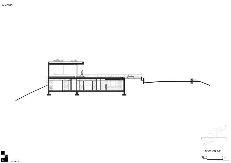 Section drawing depicting elongated volumes stepping down the terrain with figures on elevated walkways