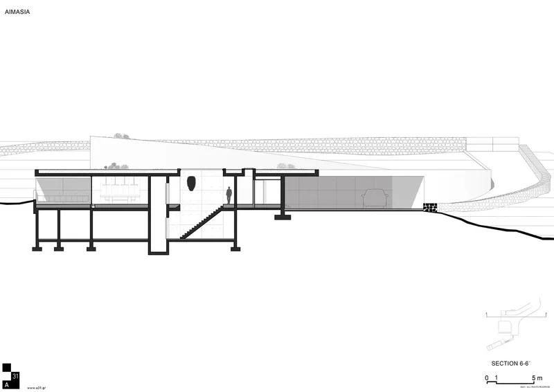 Section drawing displaying interior spaces under a flat roof with stairs and figures within the hillside structure