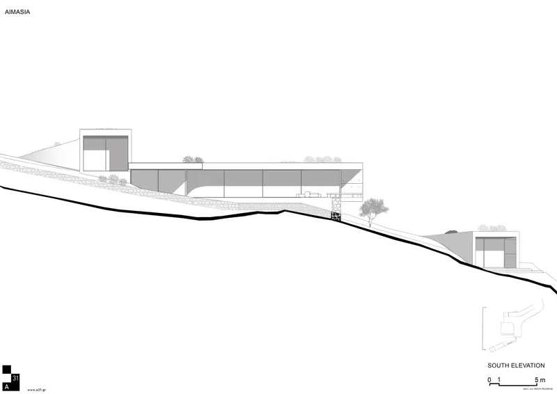 South elevation drawing depicting a linear structure embedded in sloping terrain with scattered trees