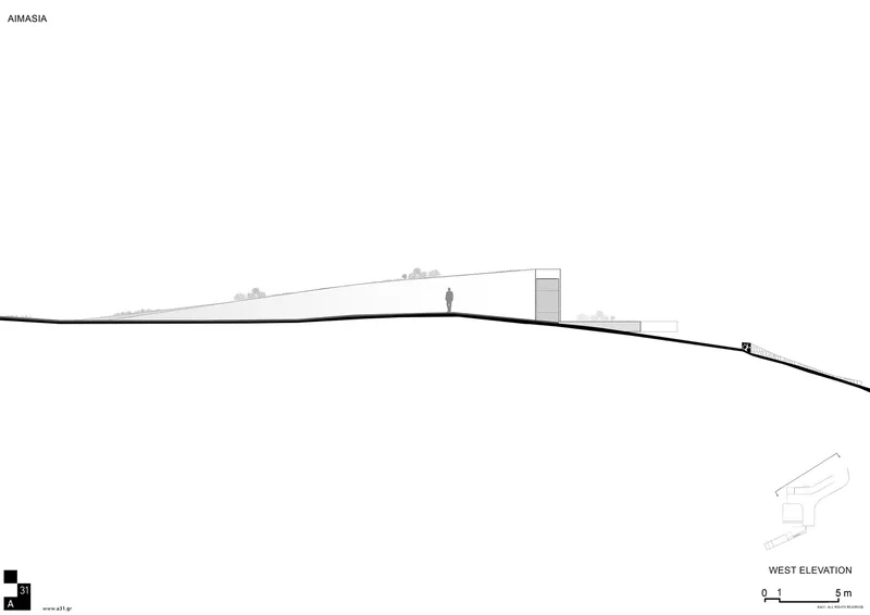 West elevation drawing showing a minimal structure on a hillside with a single figure for scale