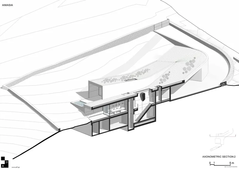 Axonometric section drawing showing a hillside structure with curved roof and glass-walled interior volumes