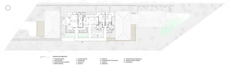 Floor plan drawing showing multiple residential volumes arranged along a diagonal axis with courtyards