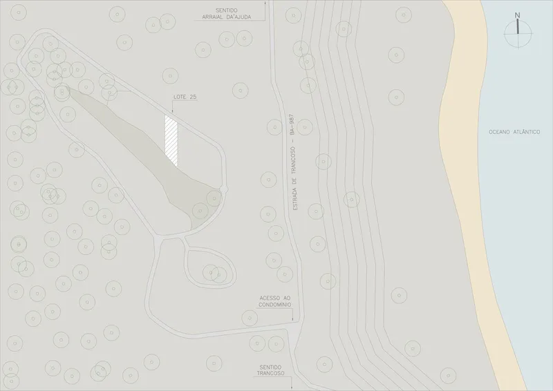 Site plan drawing showing single building volume among landscaping contours near coastal edge