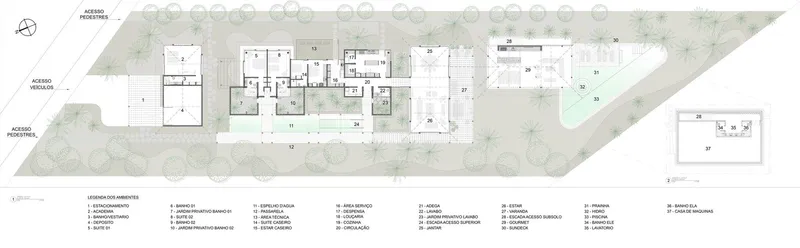 Floor plan drawing showing elongated layout with scattered pavilions and central service cores