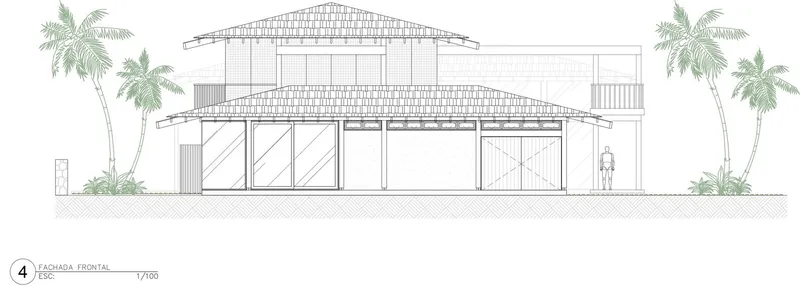 Front elevation drawing of a two-story residence with exposed roof trusses flanked by palm trees