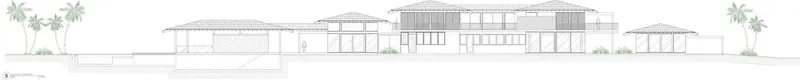 Elevation drawing showing a series of connected pavilions with varying roof heights and palm trees