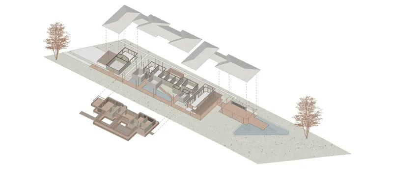 Axonometric cutaway drawing displaying interior room layouts beneath a series of gabled roofs with a pool