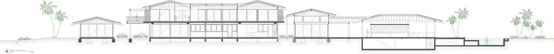 Longitudinal section drawing revealing interior spatial relationships across multiple gabled volumes with palms at edges