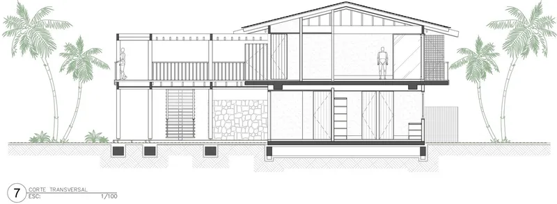 Transverse section drawing showing a two-level structure with exposed timber framing and textured wall panels