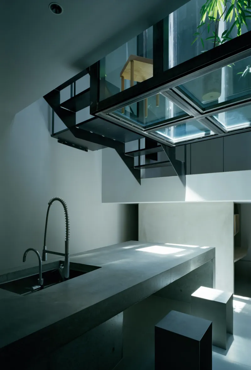 Kitchen counter with concrete island and cantilevered glass skylight bridge above with greenery