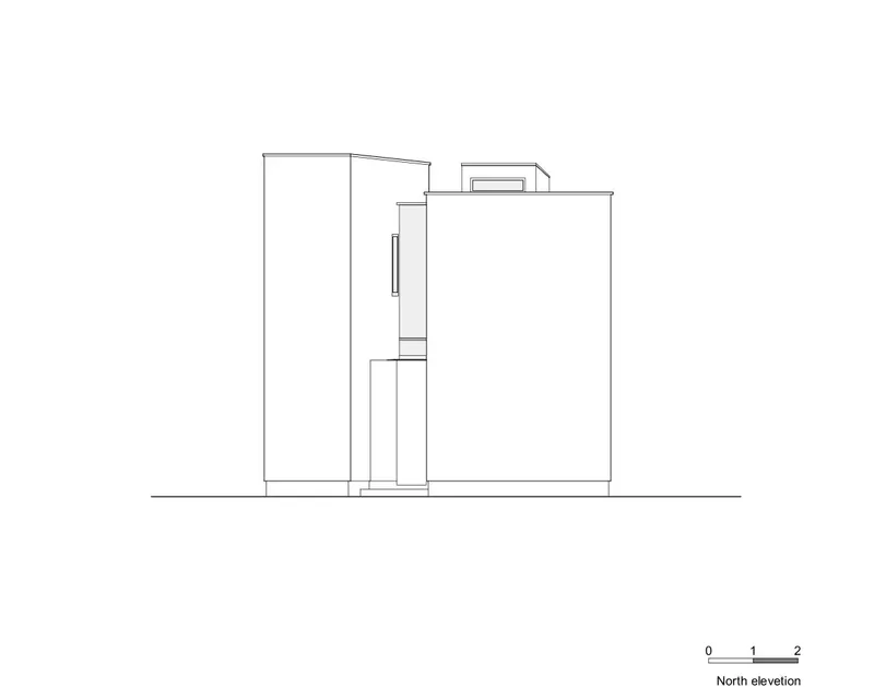 North elevation drawing showing stacked rectangular volumes with a vertical window slot and rooftop element