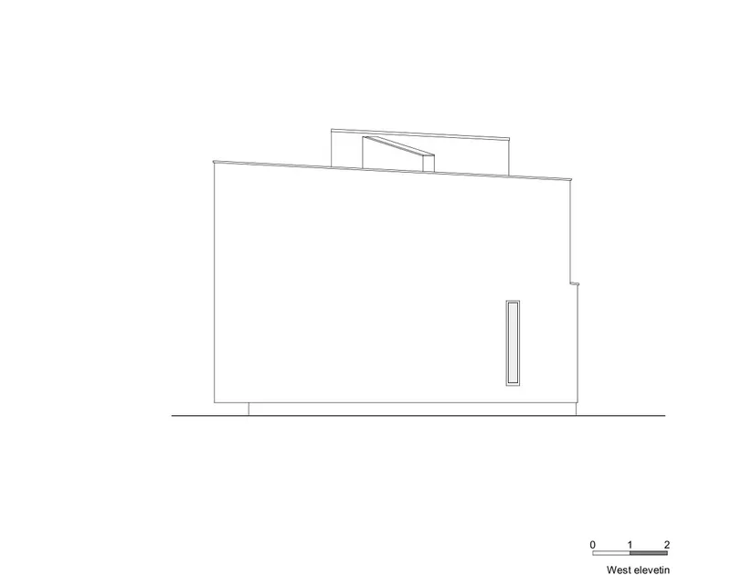 West elevation drawing presenting a large blank facade with a single narrow vertical window slot