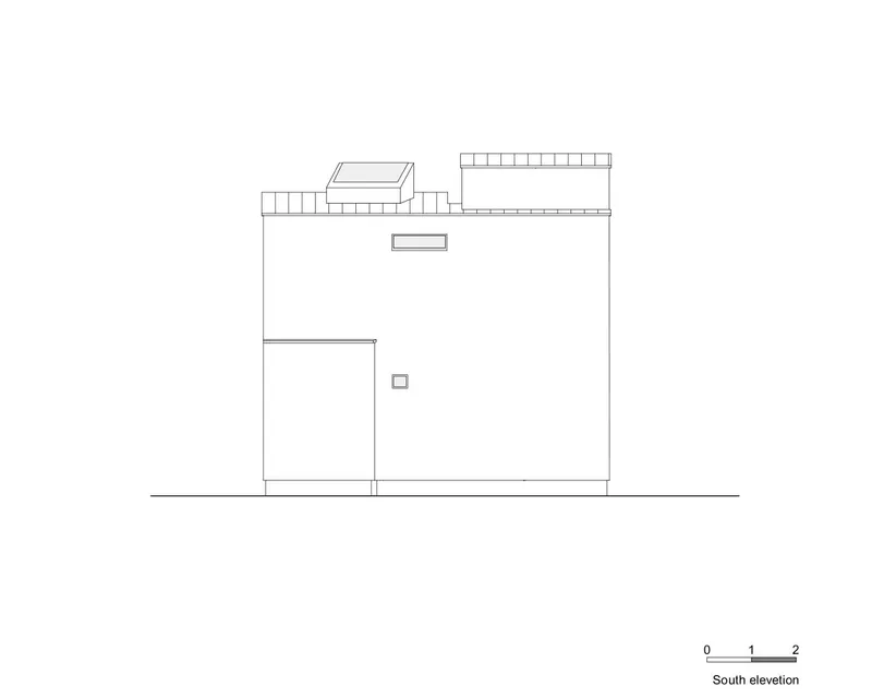 South elevation drawing featuring rooftop volumes with slatted screens and a minimal ground level opening