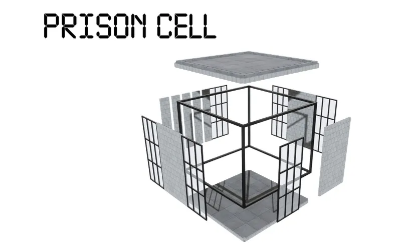 Axonometric drawing of a single cell with barred windows and a suspended concrete ceiling slab