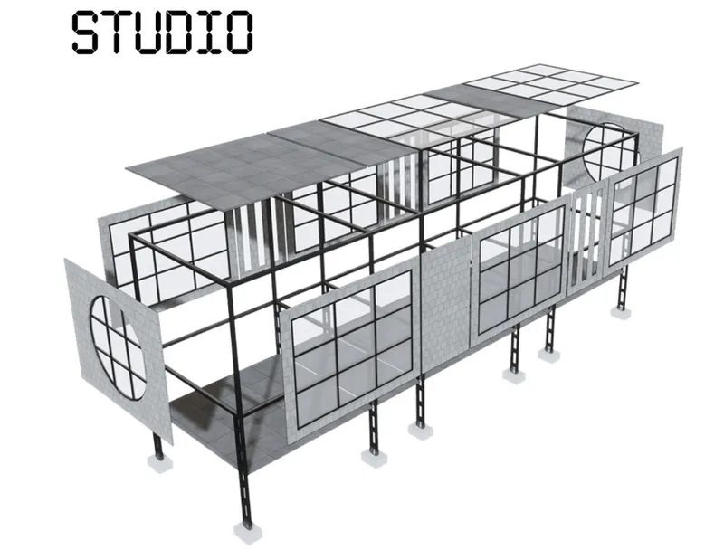 Axonometric drawing showing the steel frame structure with gridded panels and elevated floor deck on columns