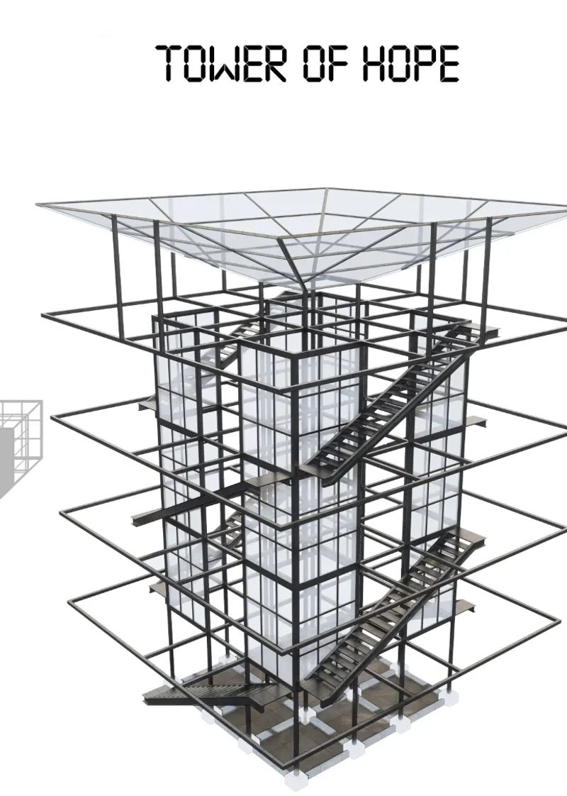Axonometric drawing showing a multi-storey steel frame structure with diagonal staircases and a canopy roof