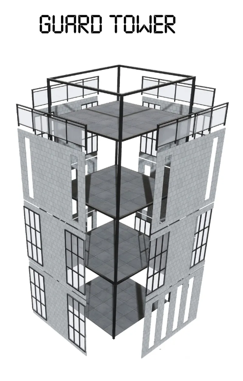 Axonometric drawing of a vertical tower with corner walls, gridded windows and exposed floor plates