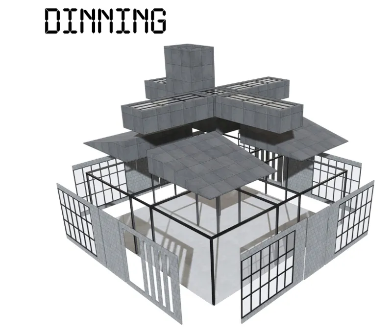 Axonometric drawing of a single-storey volume with glazed walls and cruciform masonry elements above