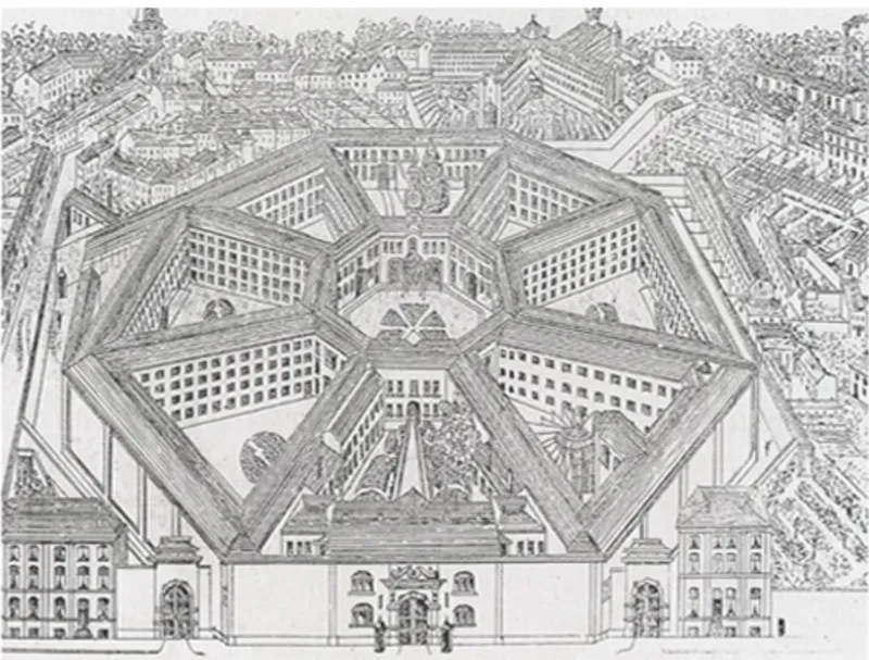 Aerial perspective drawing of a hexagonal fortified complex with six radiating wings around a central courtyard