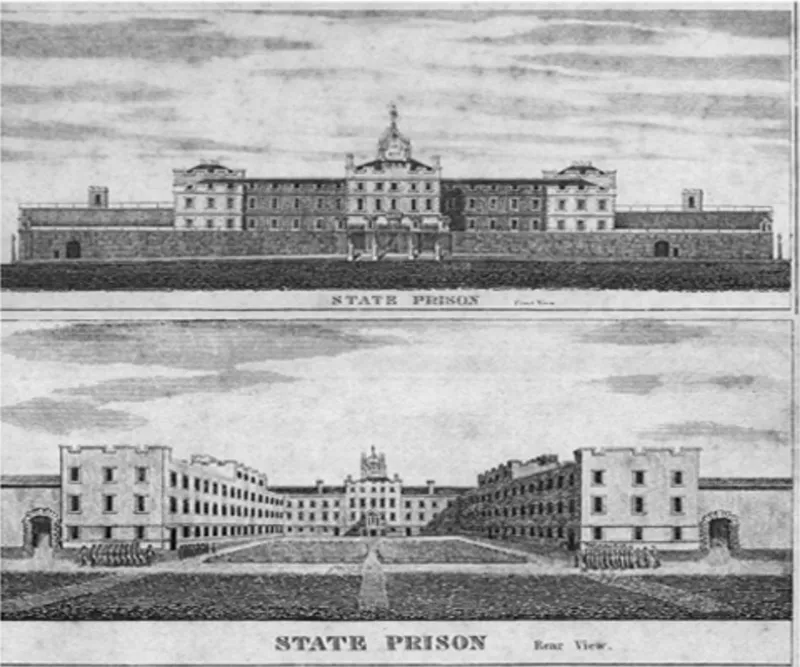 Elevation drawings showing front and rear views of a symmetrical masonry complex with central tower