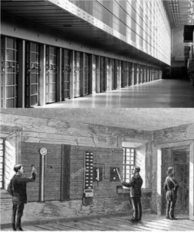 Archival engraving showing a corridor of cell doors with barred windows and uniformed guards inside