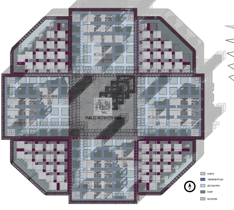 Floor plan drawing of an octagonal building with central public activity park and surrounding program zones
