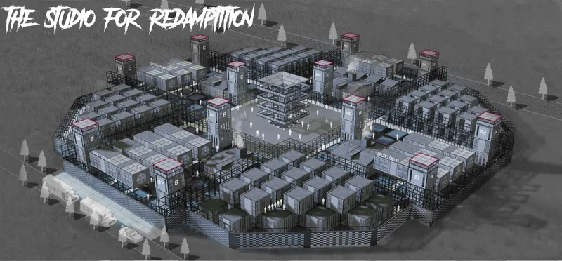 Isometric rendering of the octagonal complex with corner towers surrounded by snow and evergreen trees