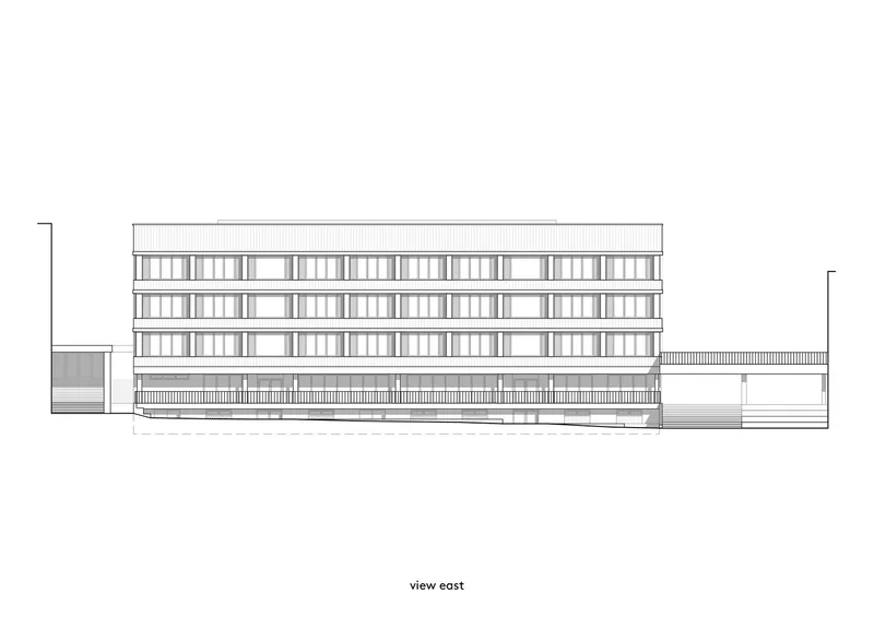 East elevation drawing showing horizontal banding and repetitive window pattern across three floors