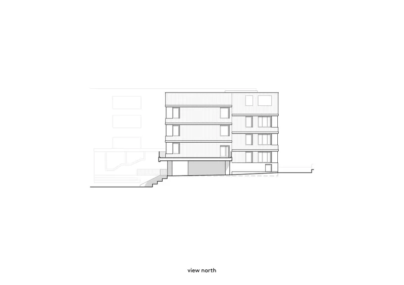 North elevation drawing showing a stepped terraced structure with horizontal banding and recessed balconies