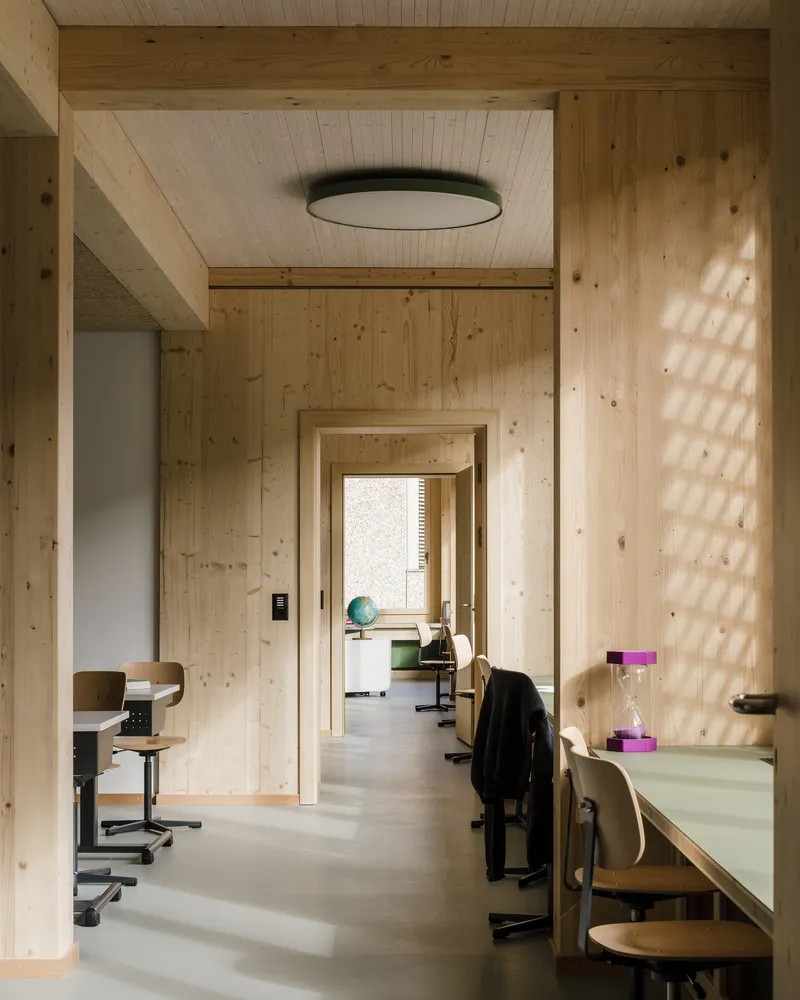 Timber-lined classroom with dappled sunlight falling through a window onto the pale wood walls