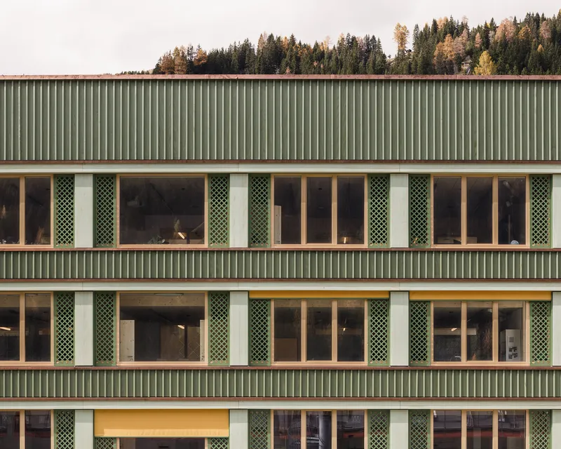 Facade detail with green corrugated metal cladding, patterned panels, timber-framed windows and forested hillside beyond