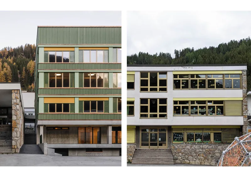 Two facades side by side showing green corrugated metal cladding and white panel systems against a forest backdrop